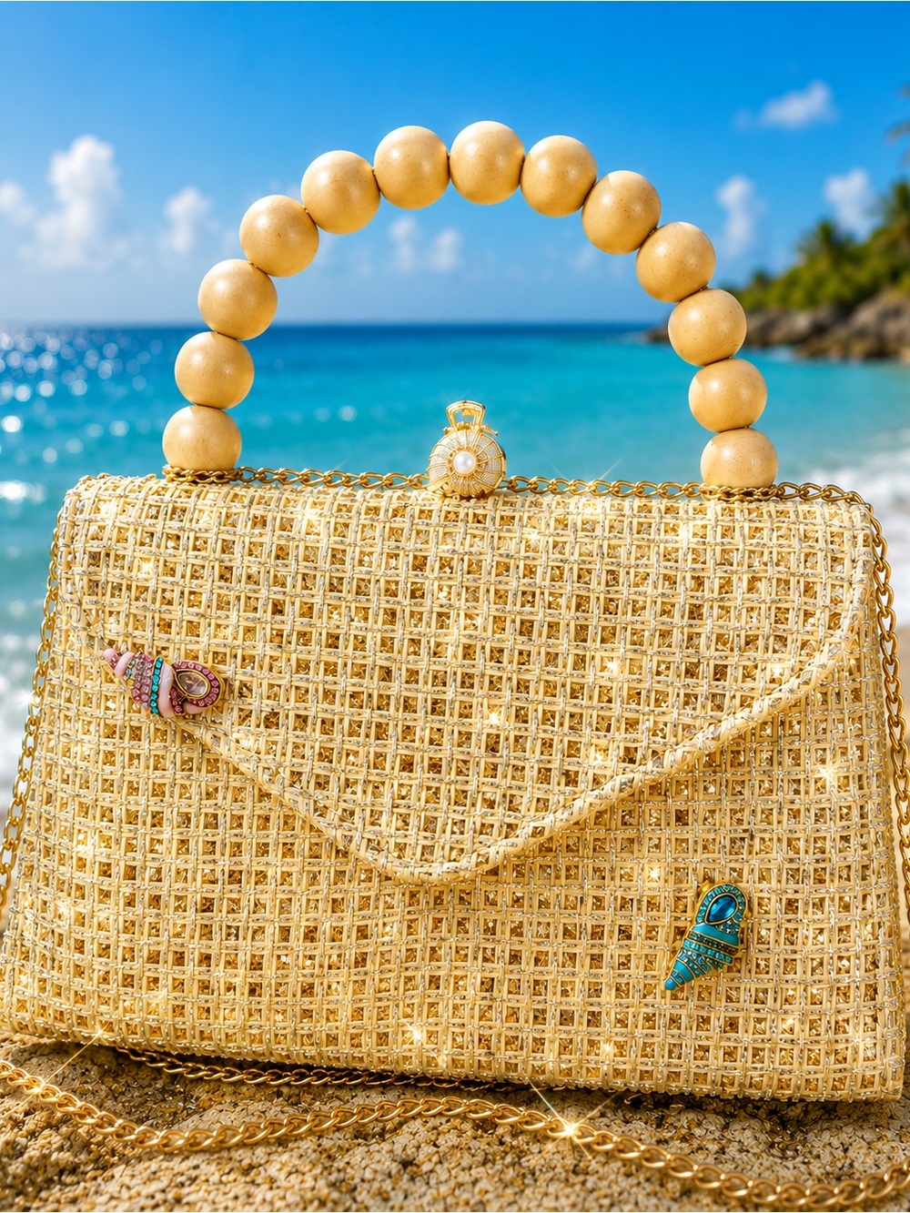 Woven Mini Satchel Crossbody Gold Embellished Curated Pearl & Crystal Shell NWT